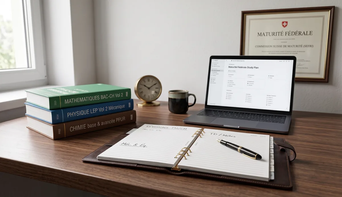 Bureau avec livres de mathématiques, physique et chimie, agenda de révisions et diplôme de Maturité fédérale