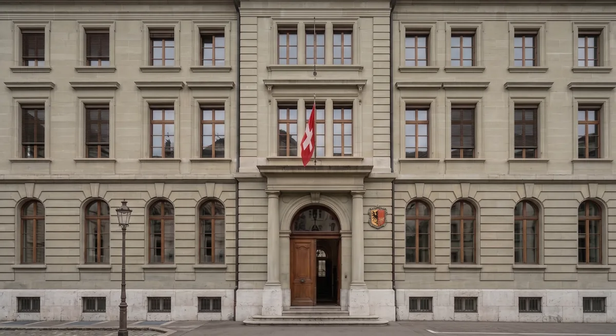 Façade d'un bâtiment officiel à Genève avec drapeau suisse et armoiries genevoises