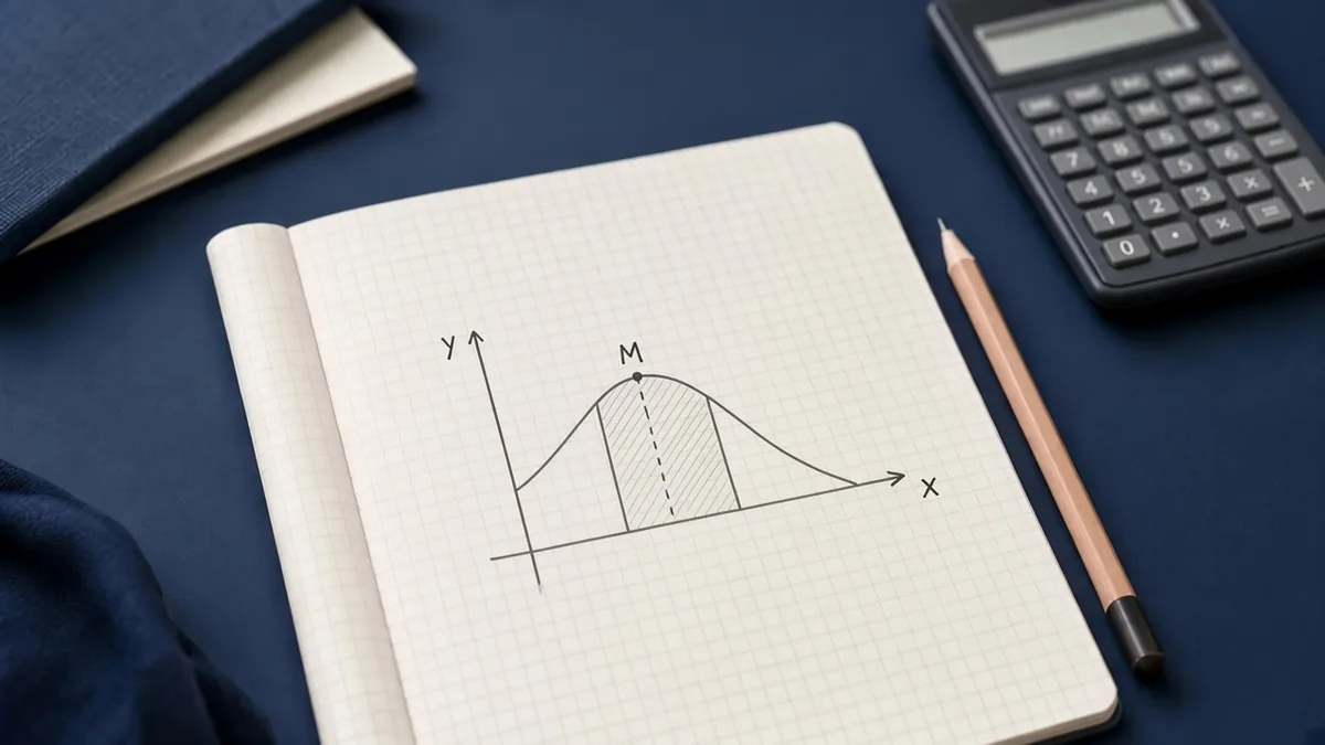Cahier de mathématiques ouvert sur le graphique d'une fonction, avec son maximum M et une aire hachurée sous la courbe
