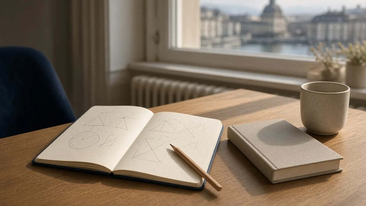 Cahier de mathématiques ouvert sur une table, à la lumière du jour