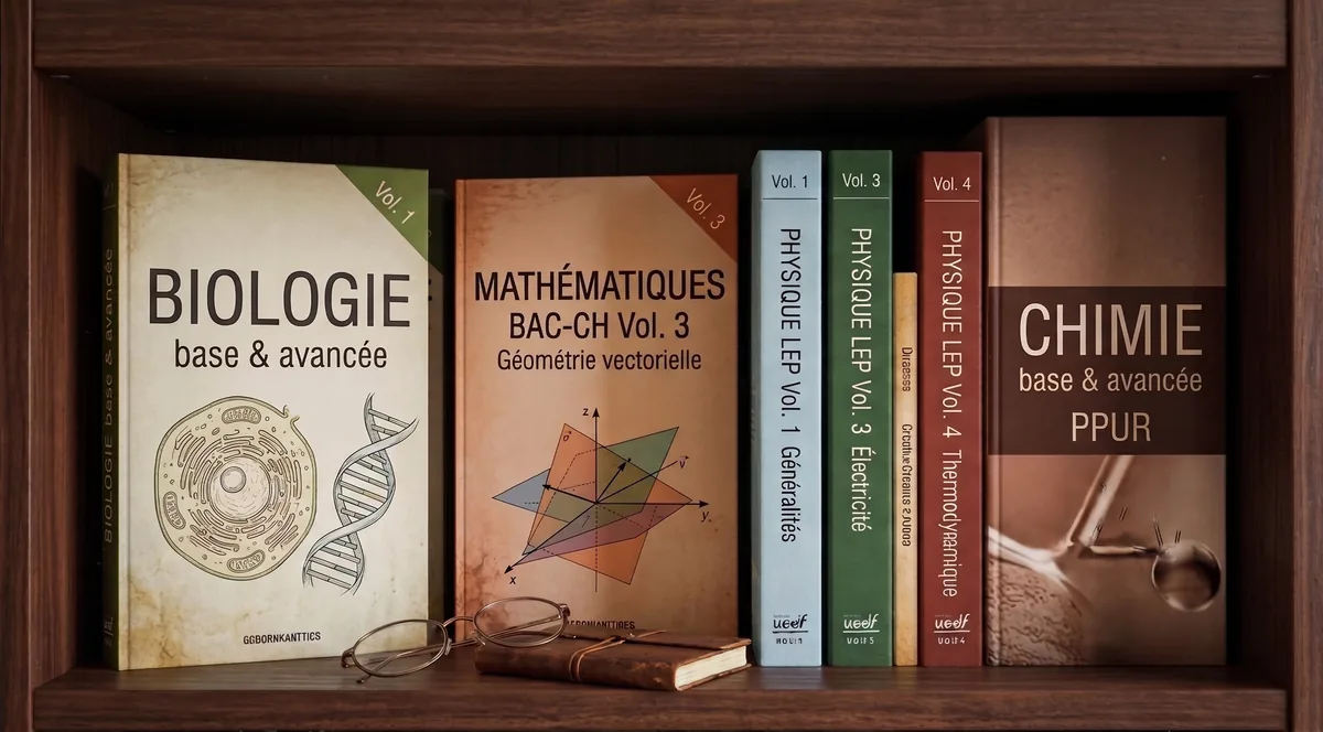 Manuels de biologie, mathématiques, physique et chimie pour la Maturité fédérale sur une étagère